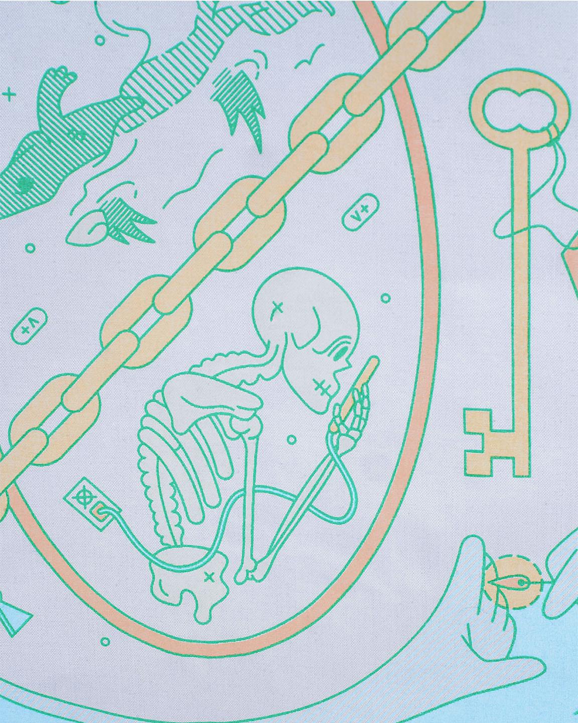 An illustration of a skeleton looking at a smartphone.